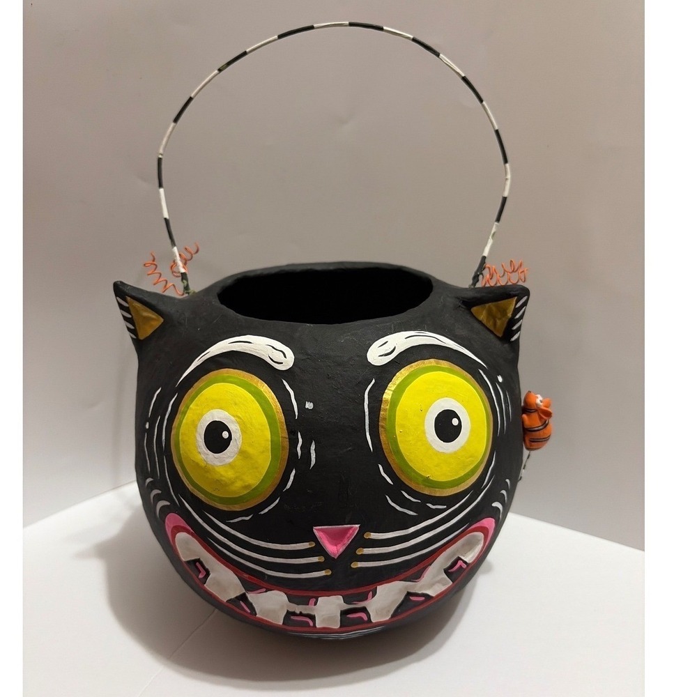 Glitterville Whimsical Black Cat Mouse Paper Mache Halloween Retro Treat Bucket